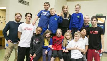 Hal Branson, Craig and Mike from Apeuro, Paul Merrick and pupils from Hotspur Primary School